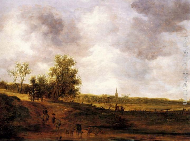 A rural landscape with peasants and a drover by a track, a village beyond painting - Jan van Goyen A rural landscape with peasants and a drover by a track, a village beyond art painting